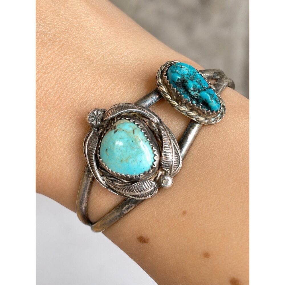 VTG Navajo REED Turquoise Sterling Silver Cuff Bracelet 2 Stone Native Southwest